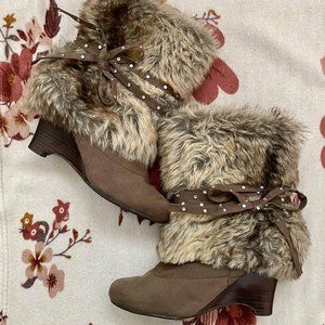 Faux Fur Brown Stud Strappy Wedge Booties